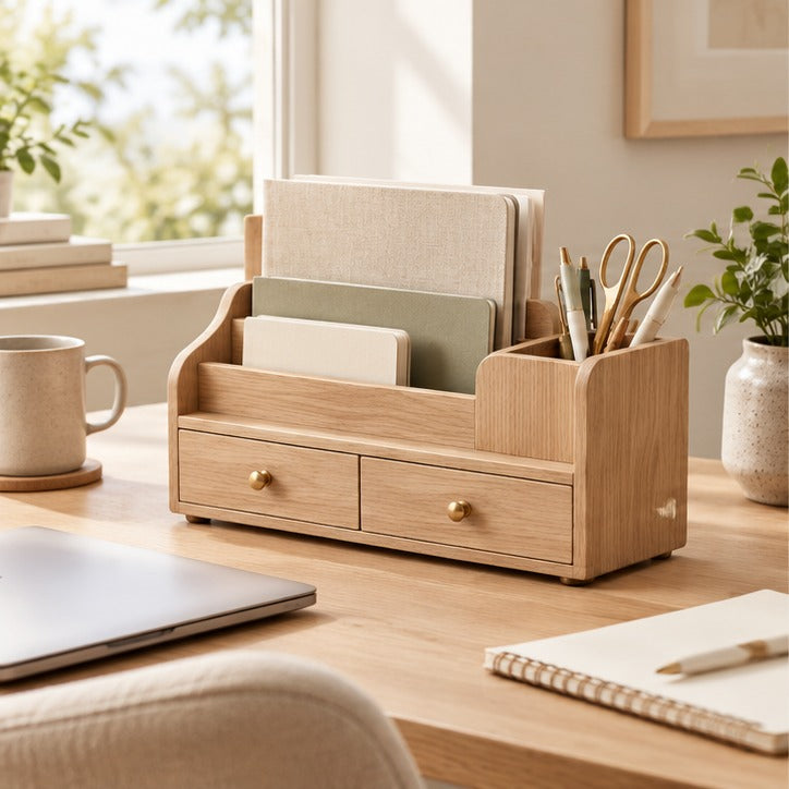 Oak Desk Caddy with Drawers — Lifestyle scene