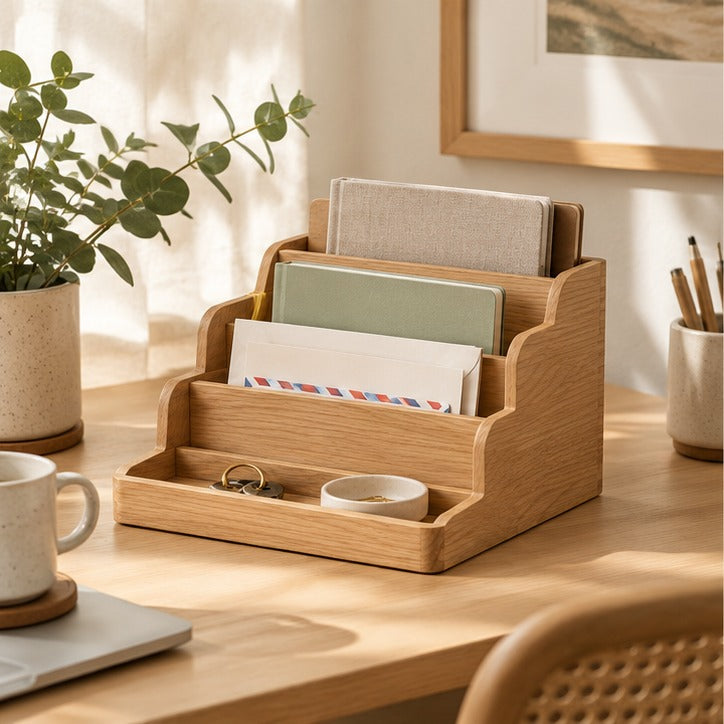 Oak Desktop Mail and Notebook Sorter — Lifestyle scene