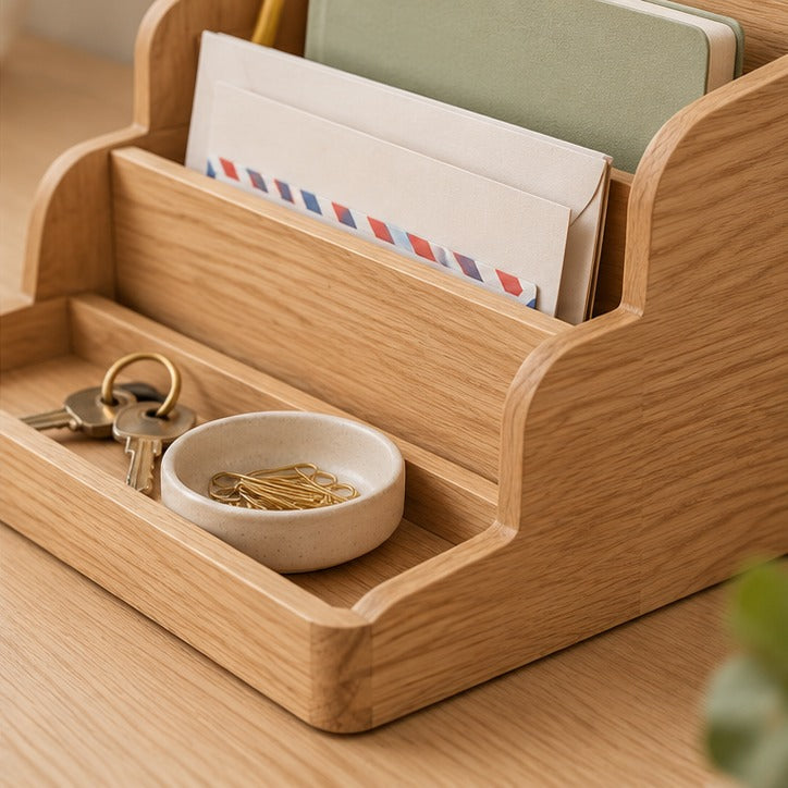 Oak Desktop Mail and Notebook Sorter — Product detail view