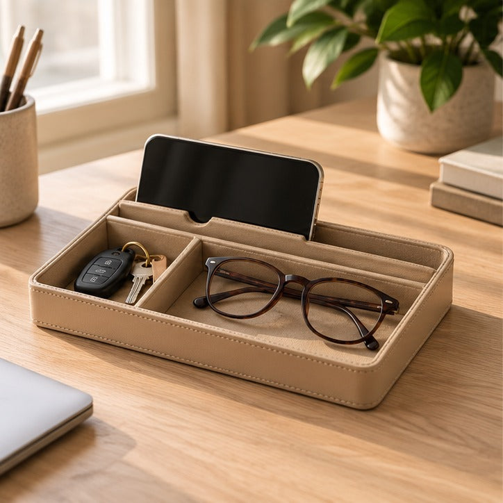 Sand-Tone Desktop Valet Tray with Phone Rest — Lifestyle scene