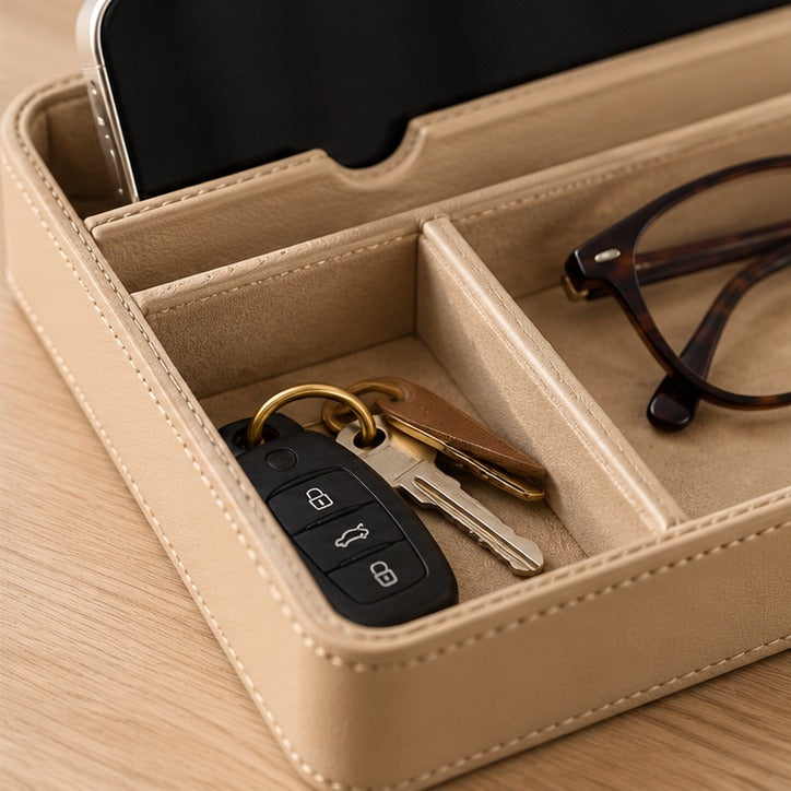 Sand-Tone Desktop Valet Tray with Phone Rest — Product detail view