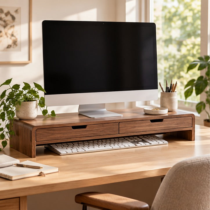 Walnut Monitor Riser with Storage Drawers — Lifestyle scene